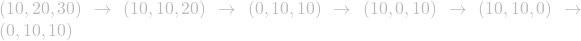 (10, 20, 30) \rightarrow (10, 10, 20) \rightarrow (0, 10, 10) \rightarrow (10, 0, 10) \rightarrow (10, 10, 0) \rightarrow (0, 10, 10)