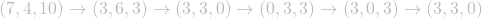 (7,4,10)\rightarrow (3,6,3) \rightarrow (3, 3, 0) \rightarrow (0, 3, 3) \rightarrow (3, 0, 3) \rightarrow (3, 3, 0)